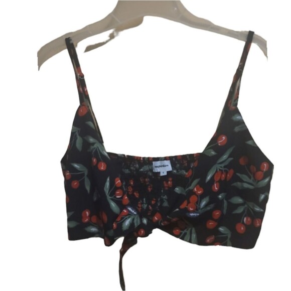 Superdown Revolve Kimora Black red cherry print tie front shirred crop t… - Picture 3 of 7